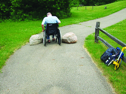man in wheelchair not being able to pass between to boulders on park path
