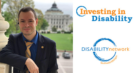 Andrei with capital building in background. Text: "Investing In Disability"