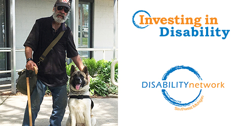 Mike & Trin (dog). Text: "Investing In Disability"