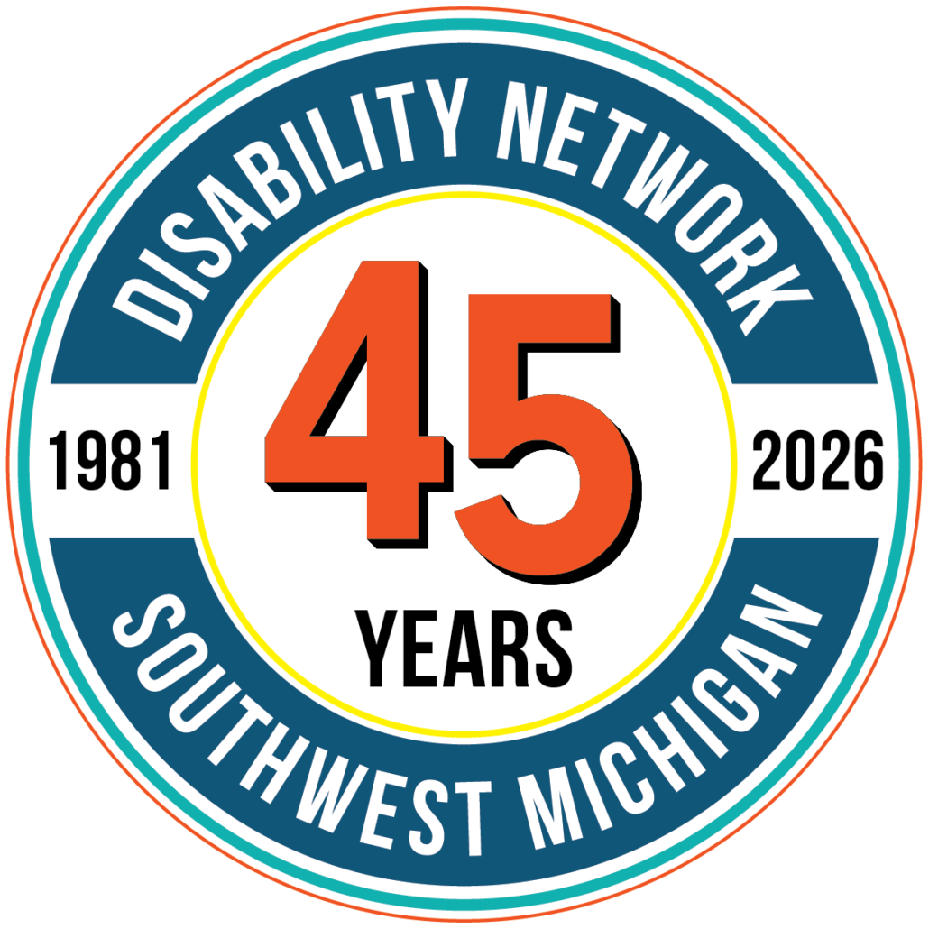 Circular logo celebrating 45 years of Disability Network Southwest Michigan from 1981 to 2026. Design features bold orange "45" in center, surrounded by blue ring with white text that reads "Disability Network Southwest Michigan."