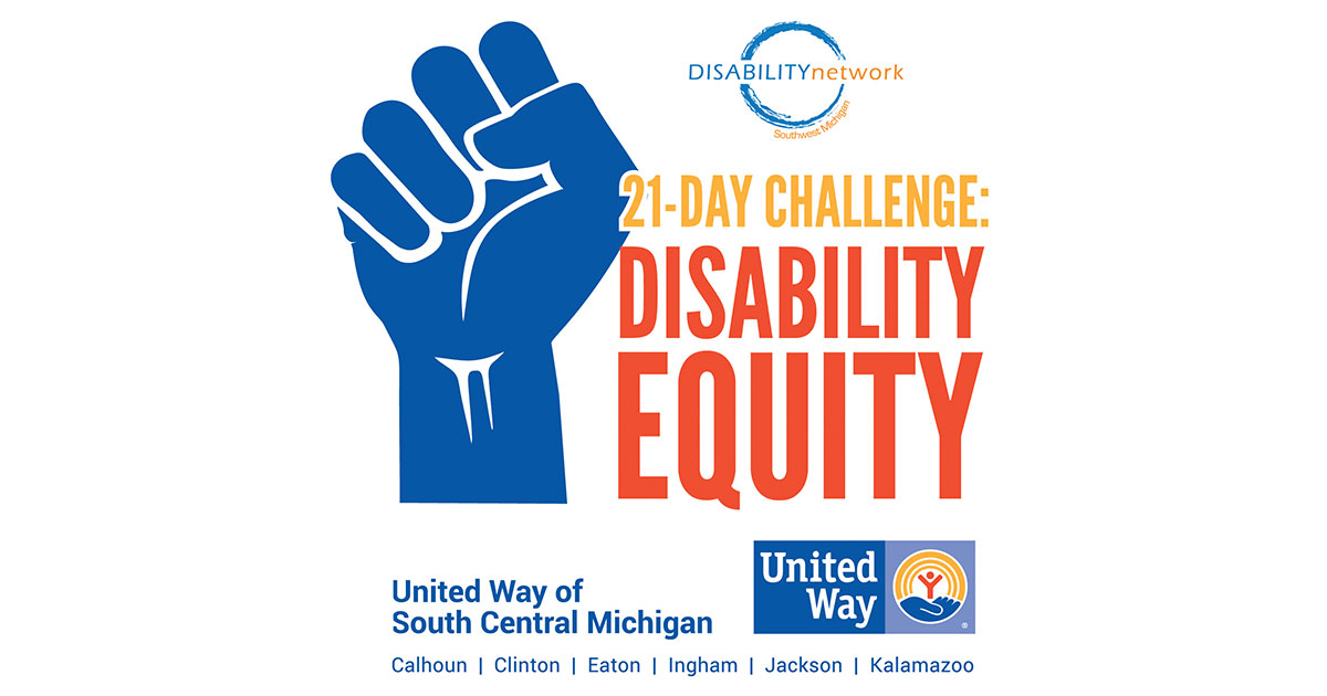 raised fist with text: " 21-day challenge: Disability Equity"