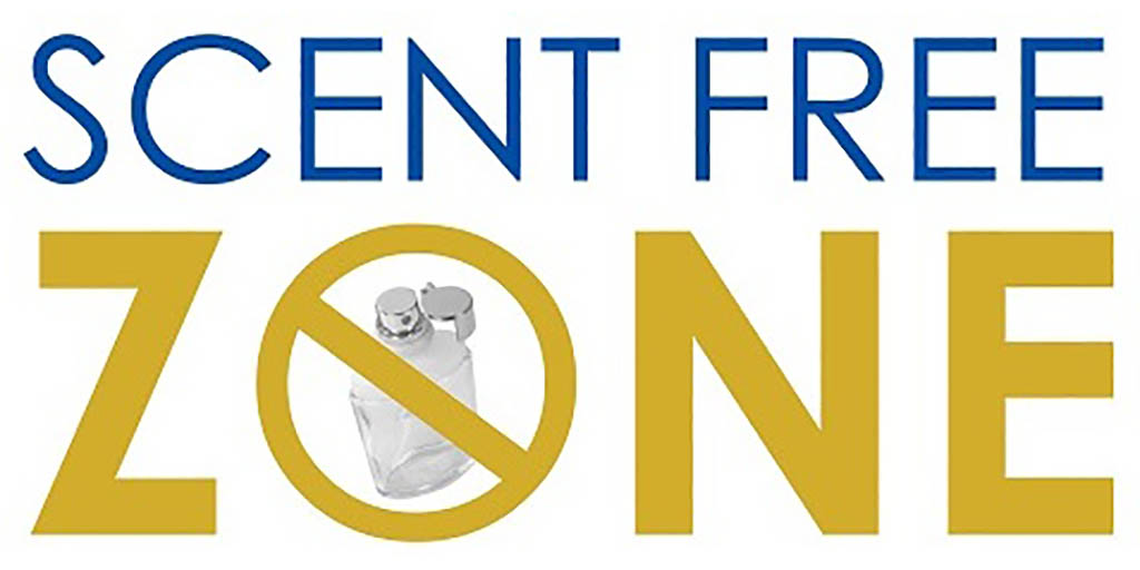 text graphic “Scent Free Zone” where the “o” is a line through a perfume bottle.