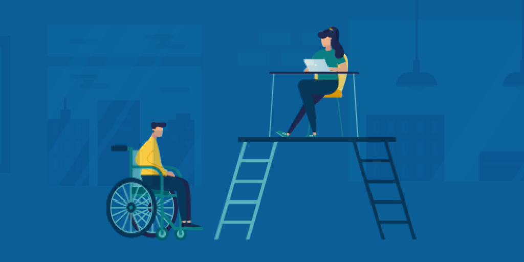 a person in a wheelchair next to a person seated at a desk on platform elevated by a ladder.