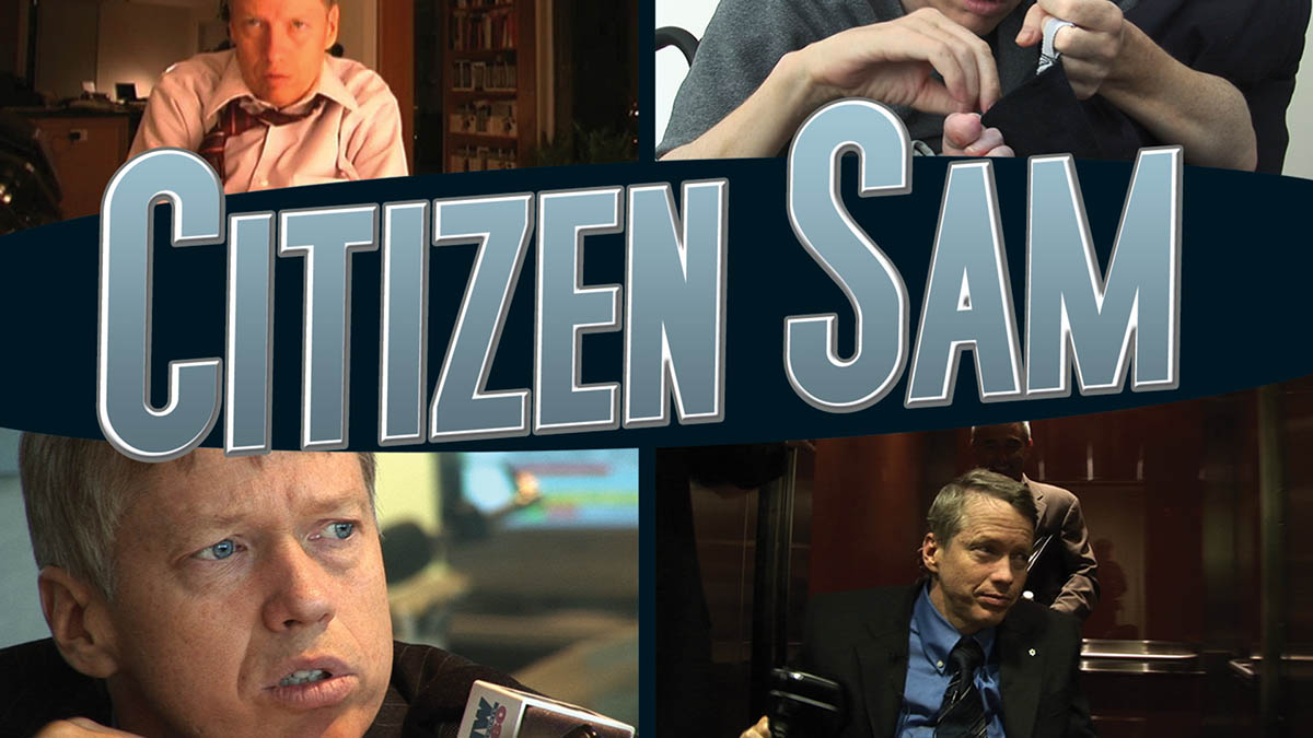 text graphic "Citizen Sam" with 4 photos of "Sam" from the film.