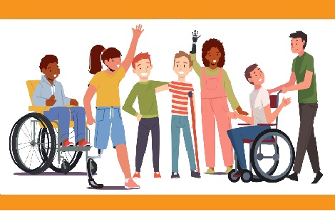 Diverse group of people, some with visible disabilities, waving and smiling