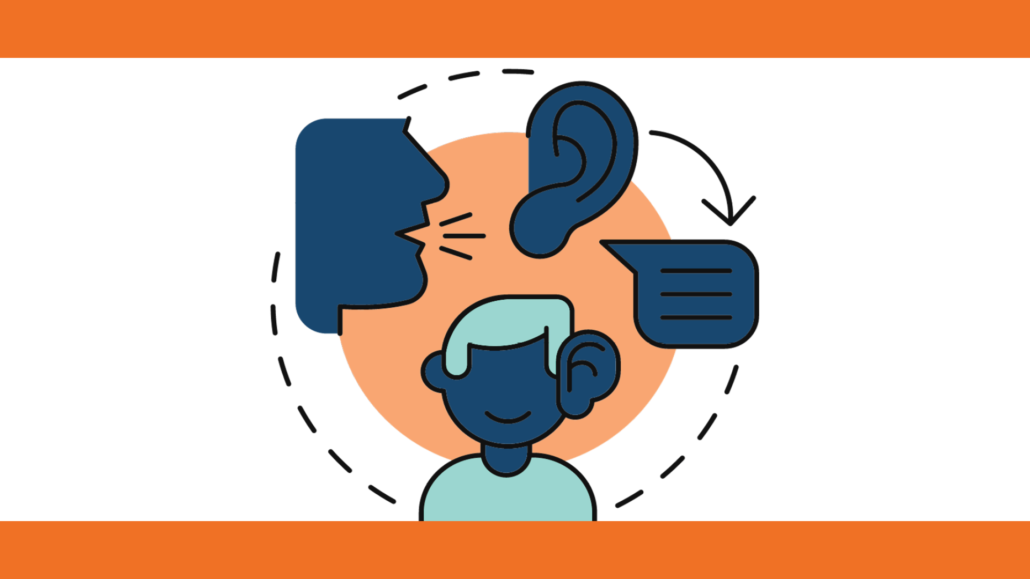 Graphic of a cycle of a person speaking, an ear, a word bubble, and a person hearing