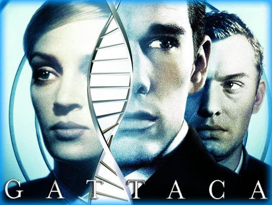 GATTACA Movie Cover: closeup on faces of three, light-skinned characters, one female and two male, each appearing serious. A DNA double-helix is also displayed.