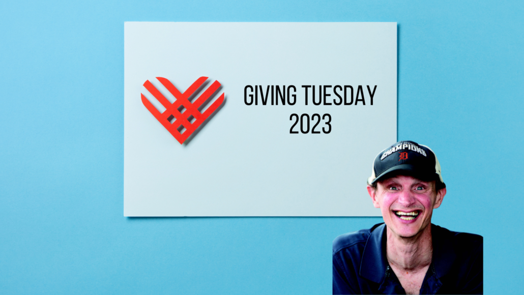 Red heart and text Giving Tuesday 2023 plus image of light-skinned male smiling