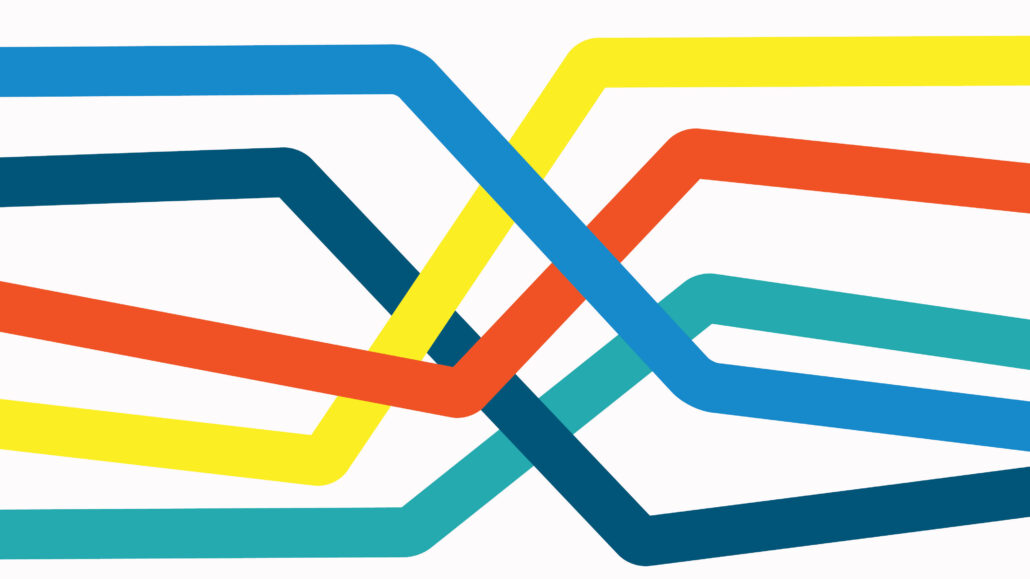 Five multi-colored lines extending horizontally at different angles and intersecting at various points.