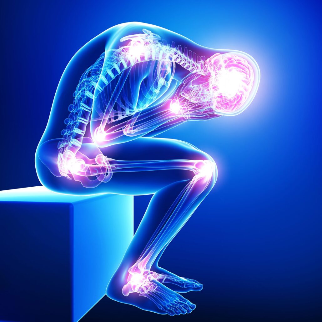 Seated human silhouette whose bones, joints, and brain are visible and glowing.