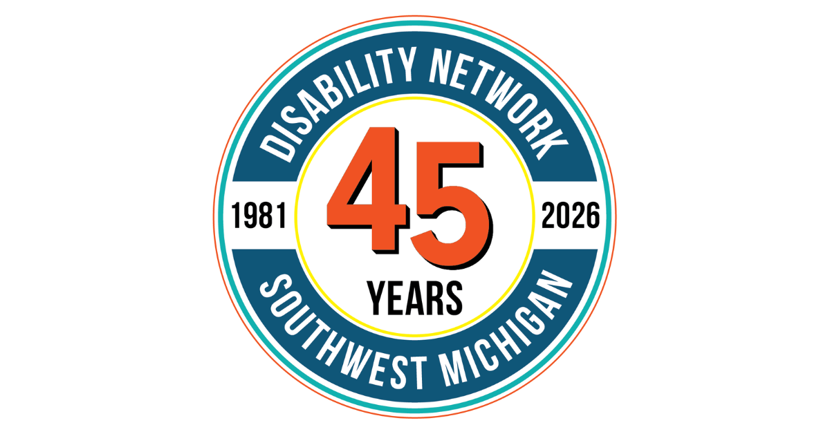 Circular logo celebrating 45 years of Disability Network Southwest Michigan from 1981 to 2026. Design features bold orange "45" in center, surrounded by blue ring with white text that reads "Disability Network Southwest Michigan."