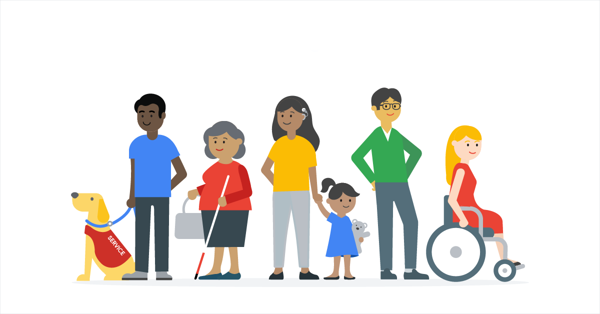 illustration of a diverse grop of people, some with apparent disabilities.